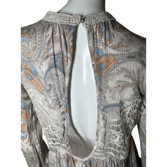 Free People M Lace & Paisley Long Sleeve Mini Dress Boho Summer Festival Medium - Picture 10 of 15